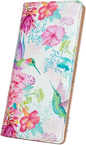 Ultra Slim Thin Leather Women Wallet Rfid Blocking Credit Card Holder Bifold Clutch (Flowers and Hummingbirds)