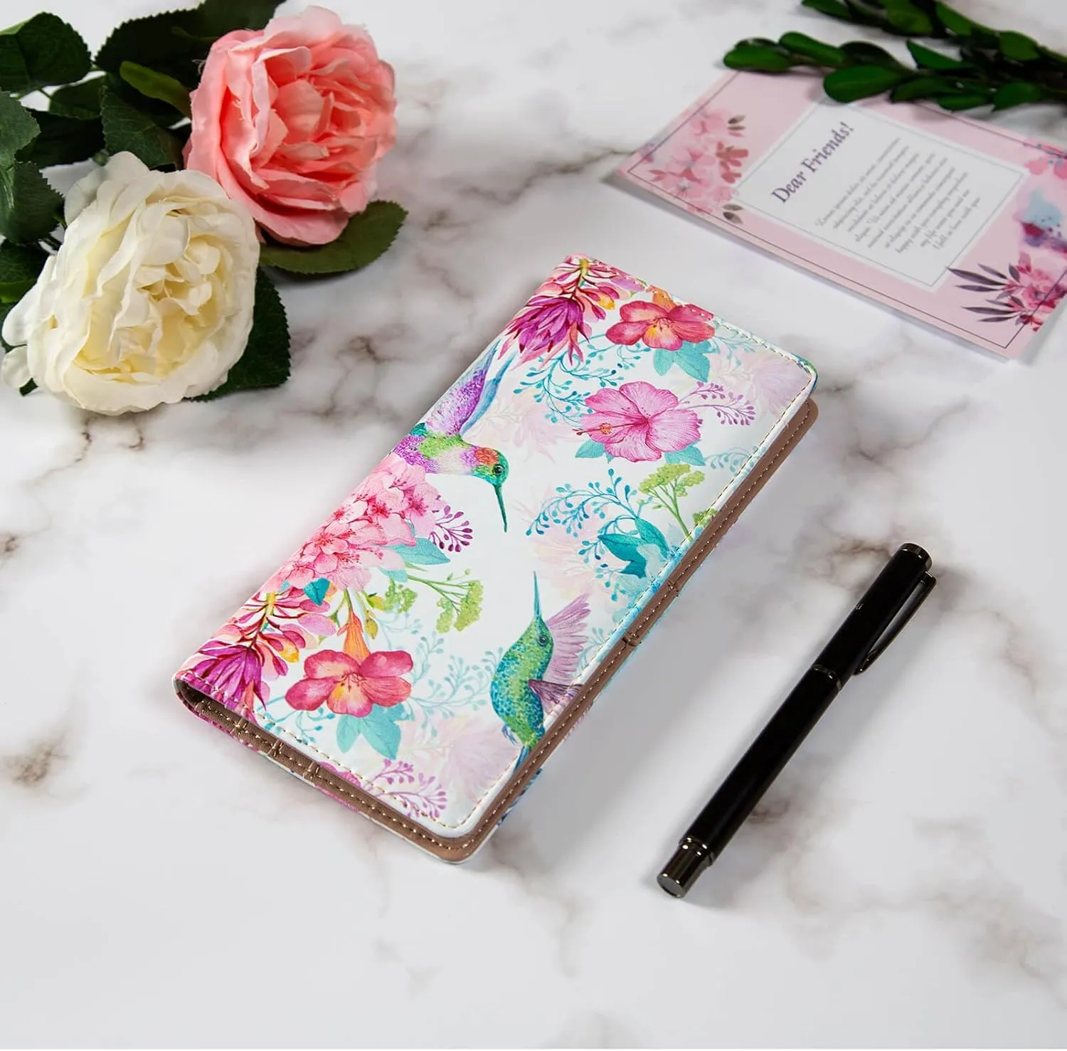 Ultra Slim Thin Leather Women Wallet Rfid Blocking Credit Card Holder Bifold Clutch (Flowers and Hummingbirds)