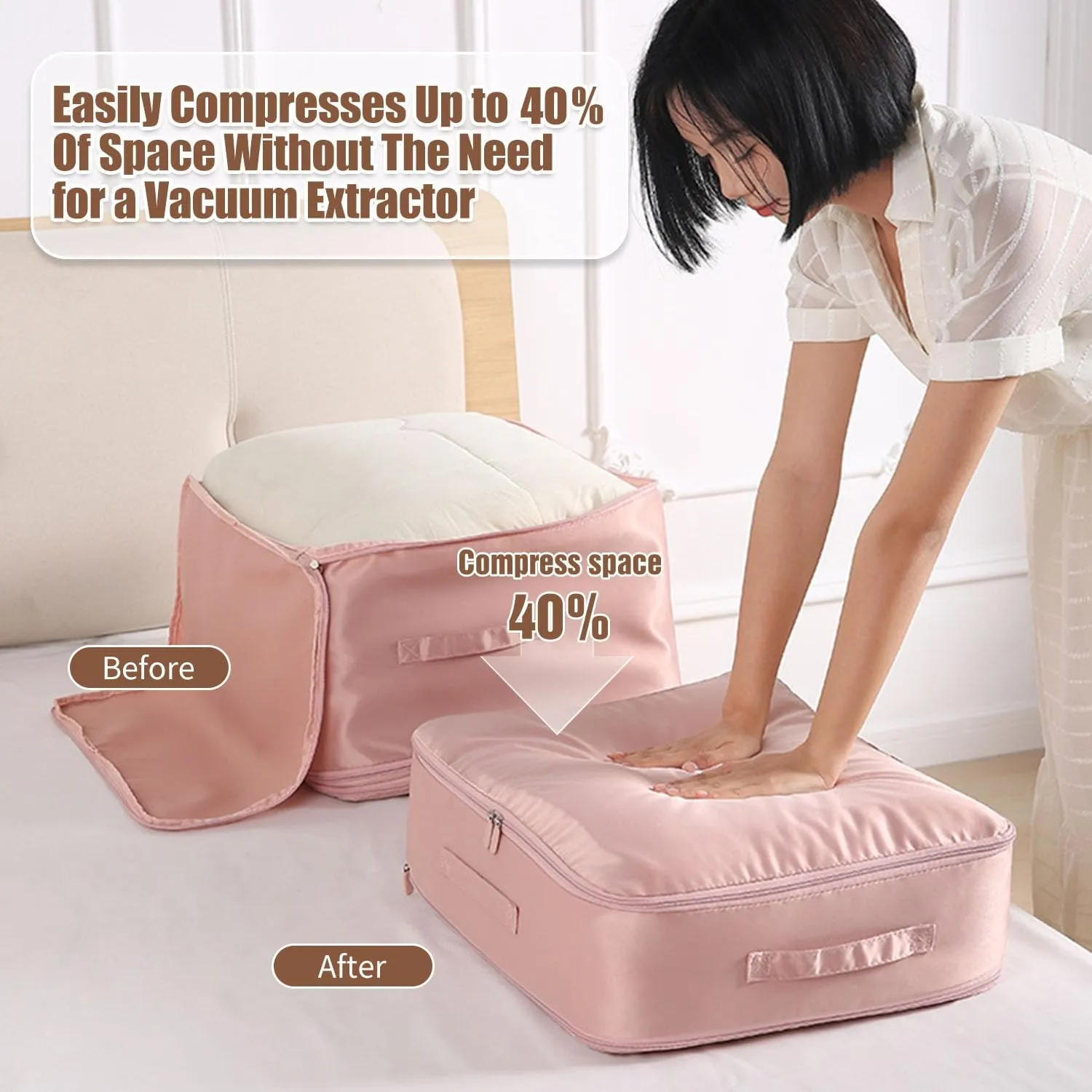 Ultra Space Saving Self Compression Organizer, 2025 Upgraded Space Saving Organizer, Premium Comforter Packaging Cube Bedding Storage Bag (Pink, Large 544230cm)