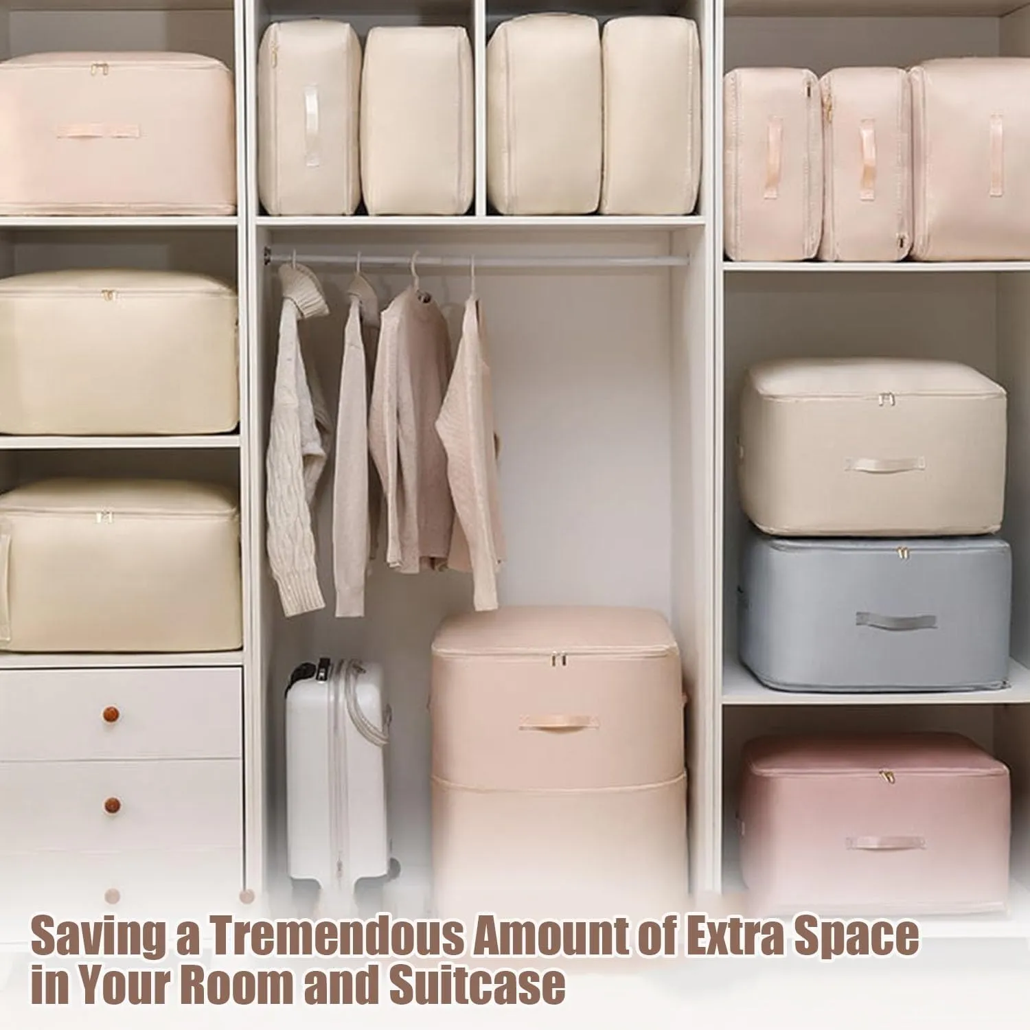 Ultra Space Saving Self Compression Organizer, 2025 Upgraded Space Saving Organizer, Premium Comforter Packaging Cube Bedding Storage Bag (Pink, Large 544230cm)