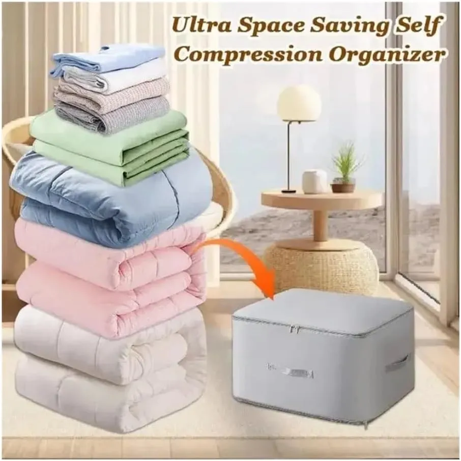 Ultra Space Saving Self Compression Organizer Compression Duvet Storage Bag Large Capacity Closet Cabinet Organizer StoragePouch(Oversize beige,1PCS)