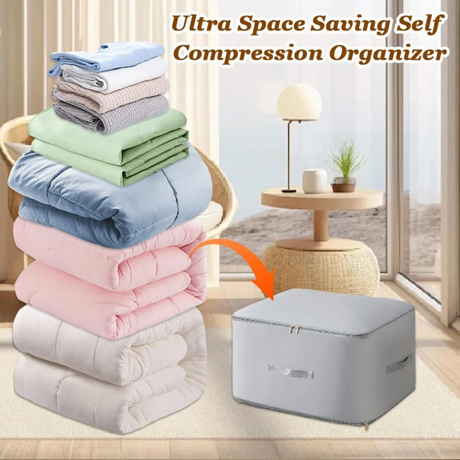 Ultra Space Saving Self Compression Organizer, Compression Duvet Storage Bag Large Capacity, Heavy Duty Moving Bags, Travel Packing Organizers Storage Tote for Clothes, Comforters (Pink, M L)