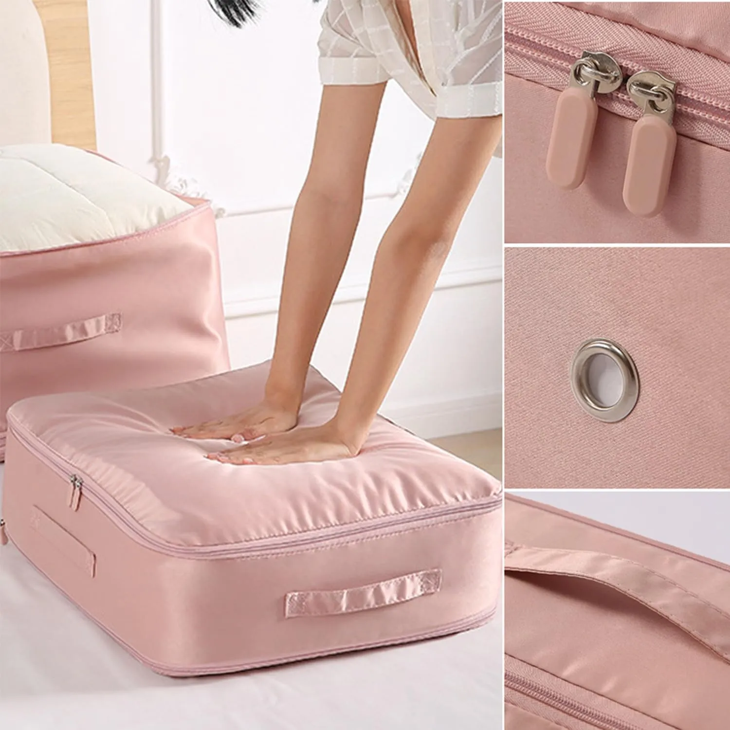 Ultra Space Saving Self Compression Organizer, Compression Duvet Storage Bag Large Capacity, Heavy Duty Moving Bags, Travel Packing Organizers Storage Tote for Clothes, Comforters (Pink, M L)