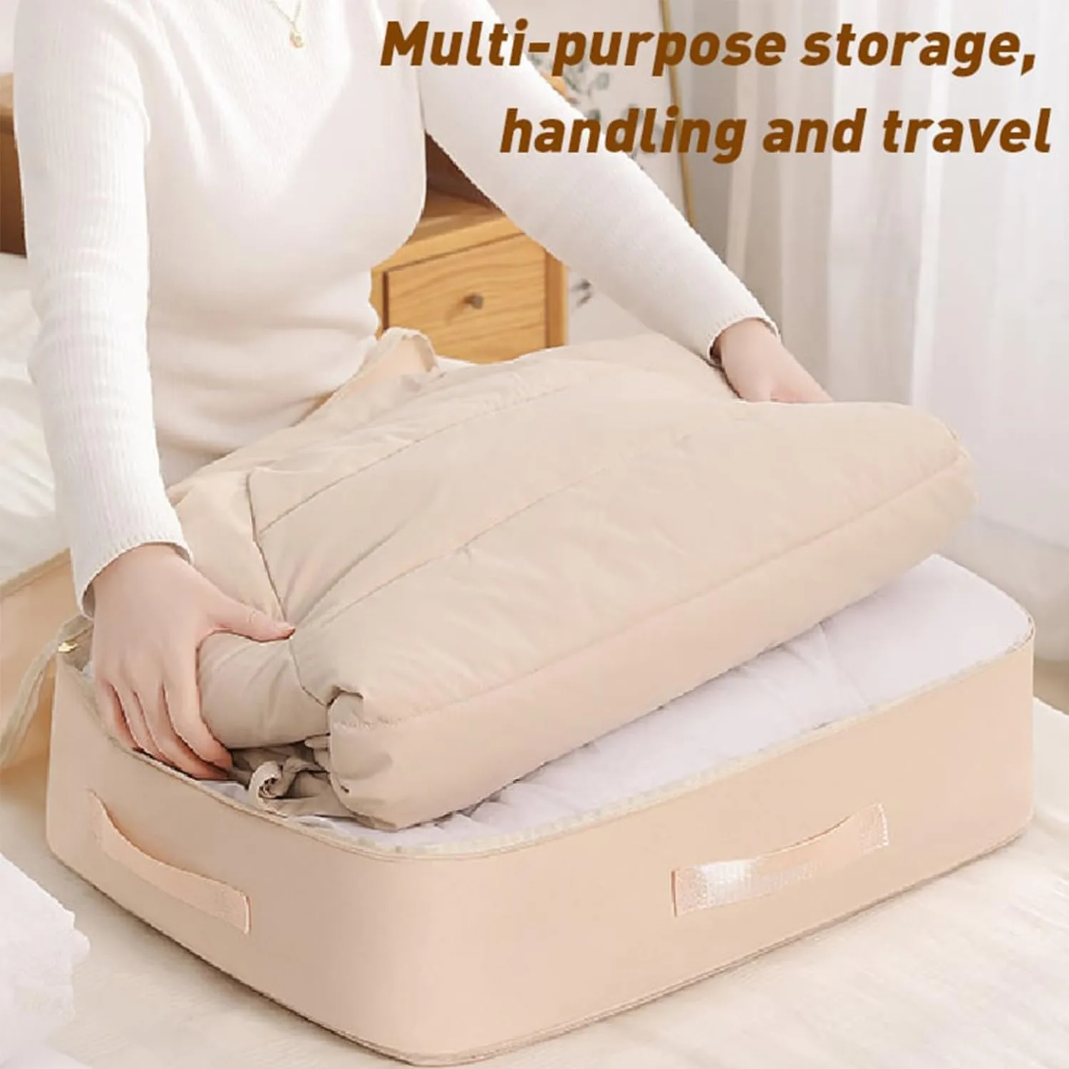 Ultra Space Saving Self Compression Organizer, Compression Duvet Storage Bag Large Capacity, Heavy Duty Moving Bags, Travel Packing Organizers Storage Tote for Clothes, Comforters (Pink, M L)