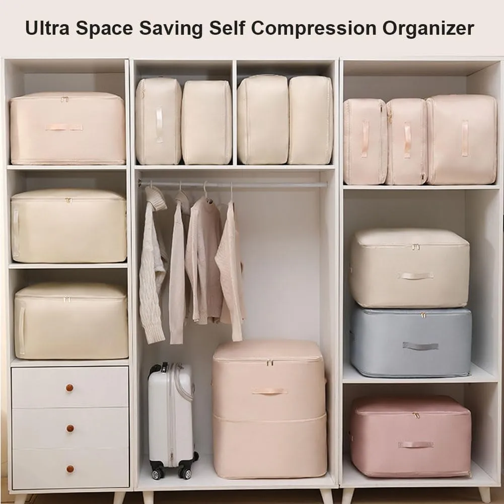 Ultra Space Saving Self Compression Organizer, Heavy Duty Moving Bags, Storage Tote for Space Saving, Self Compression Moving Organizer Bags for Comforters, Clothes, Blankets (Khaki,XL(54*42*60CM))