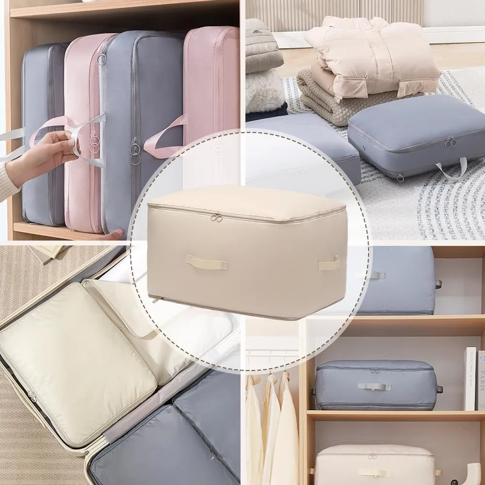 Ultra Space Saving Self Compression Organizer, Space Saver Quilt Compression Storage Bag, Portable Compression Packing Cubes for Travel Heavy Duty Moving Bags (Beige, L - 40 * 30 * 18cm)