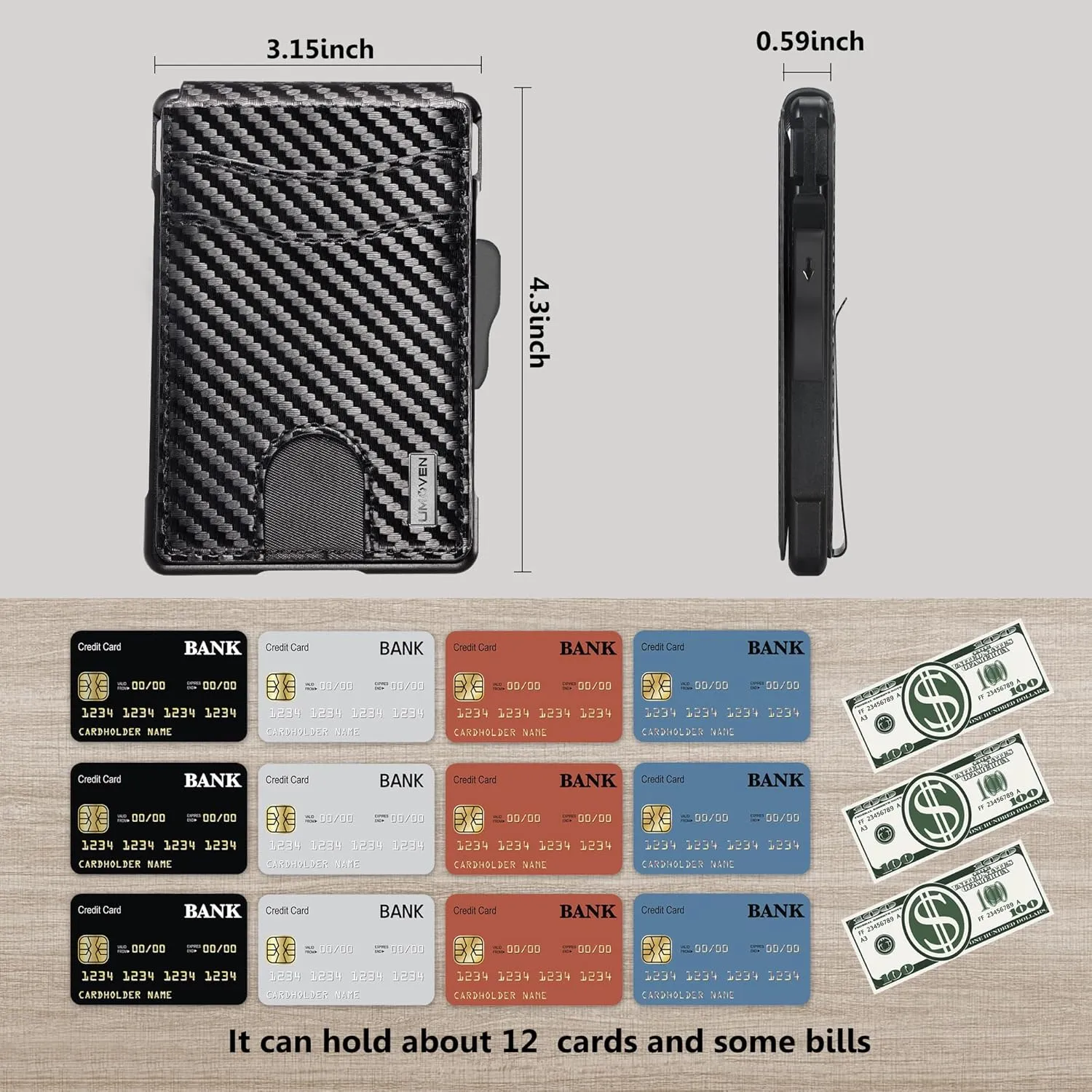 umoven Wallet for Men - with Money Clip Slim Leather Slots Credit Card Holder RFID Blocking Bifold Minimalist Wallet (Carbon Black and Blue)
