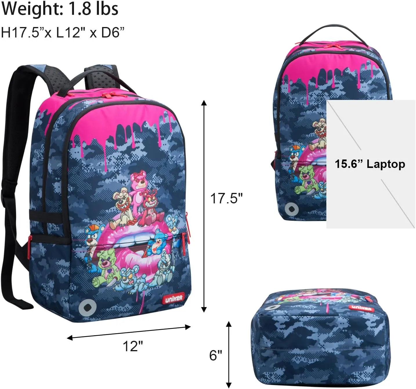 UNIKER Backpack for Girls,Graffiti Backpack for women,School Backpack for Girls, Laptop Backpack for 15.6 Inch,College Bag Computer Bag Pink, 20L