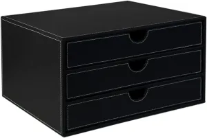 UnionBasic Document Organizer, 3-Drawer File Cabinet Document Storage Box, Office Desktop Filing Organizer, Black with White Stitching