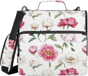 Unique Peonies White Zippered Binder Bag with Shoulder Strap & Handle Waterproof 1.5 Inch 3 Rings Pencil Cases Portfolio Binder Document Storage
