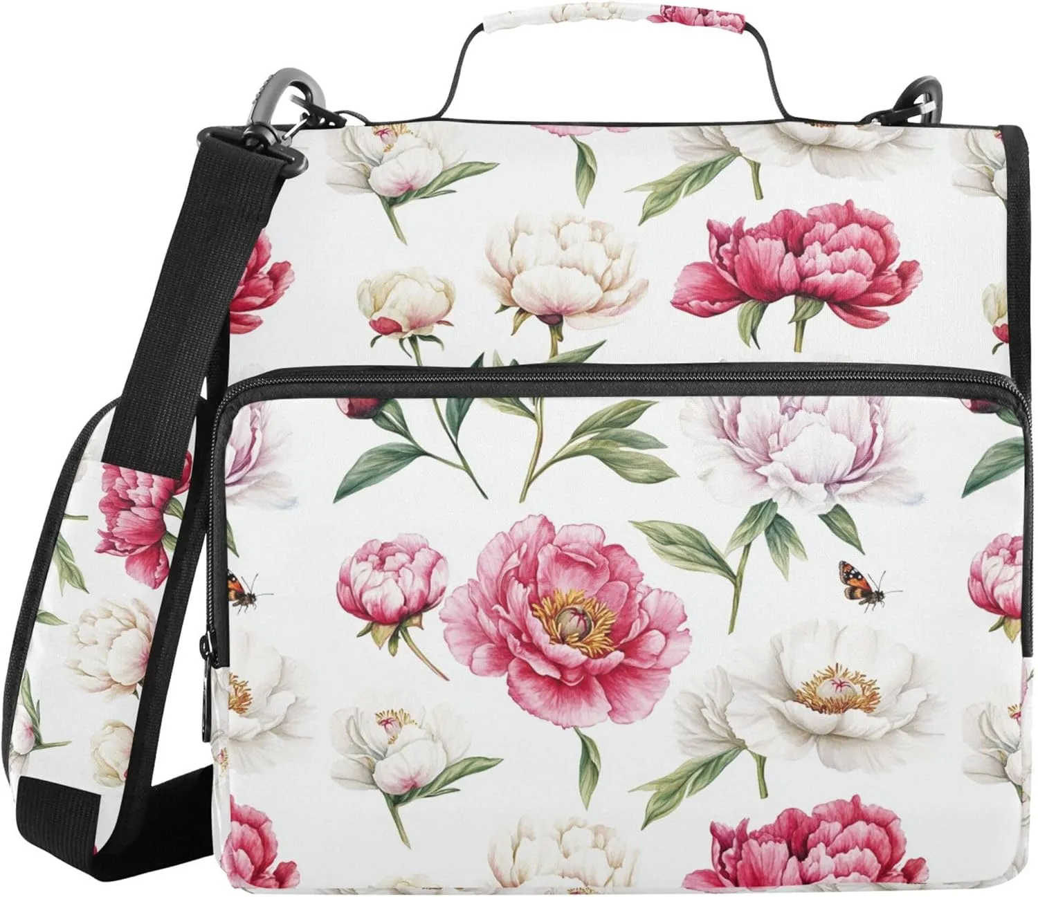 Unique Peonies White Zippered Binder Bag with Shoulder Strap & Handle Waterproof 1.5 Inch 3 Rings Pencil Cases Portfolio Binder Document Storage