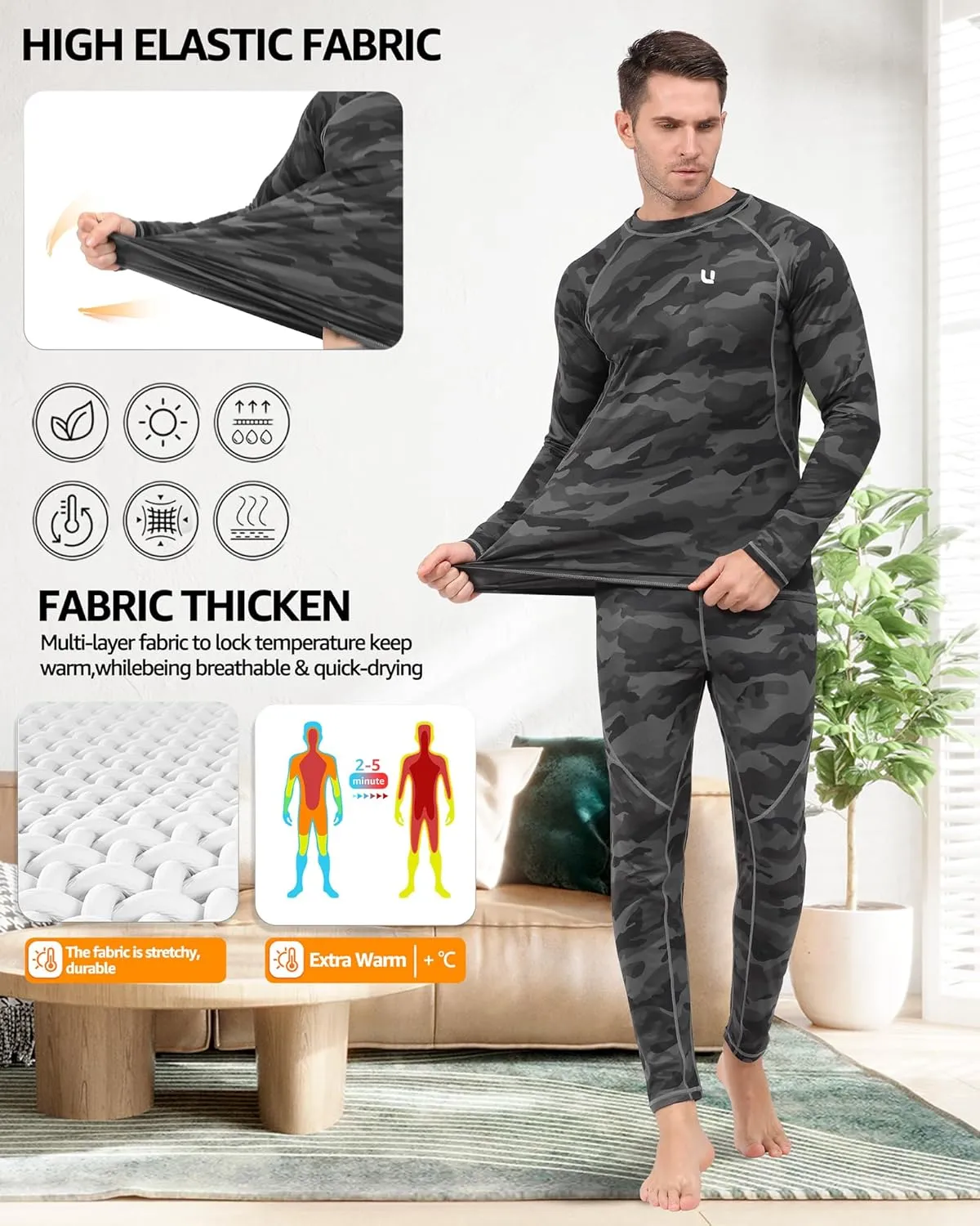 UNIQUEBELLA Men's Thermal Underwear Sets Top & Long Johns Fleece Sweat Quick Drying Thermo Base Layer