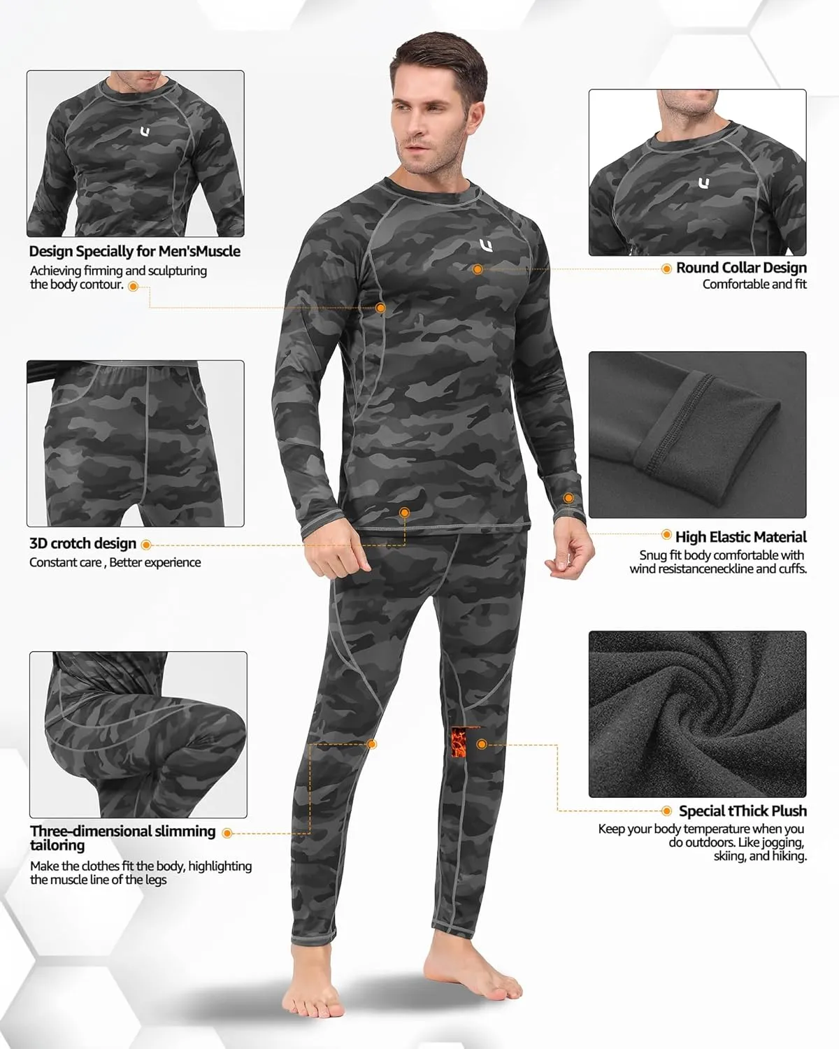UNIQUEBELLA Men's Thermal Underwear Sets Top & Long Johns Fleece Sweat Quick Drying Thermo Base Layer