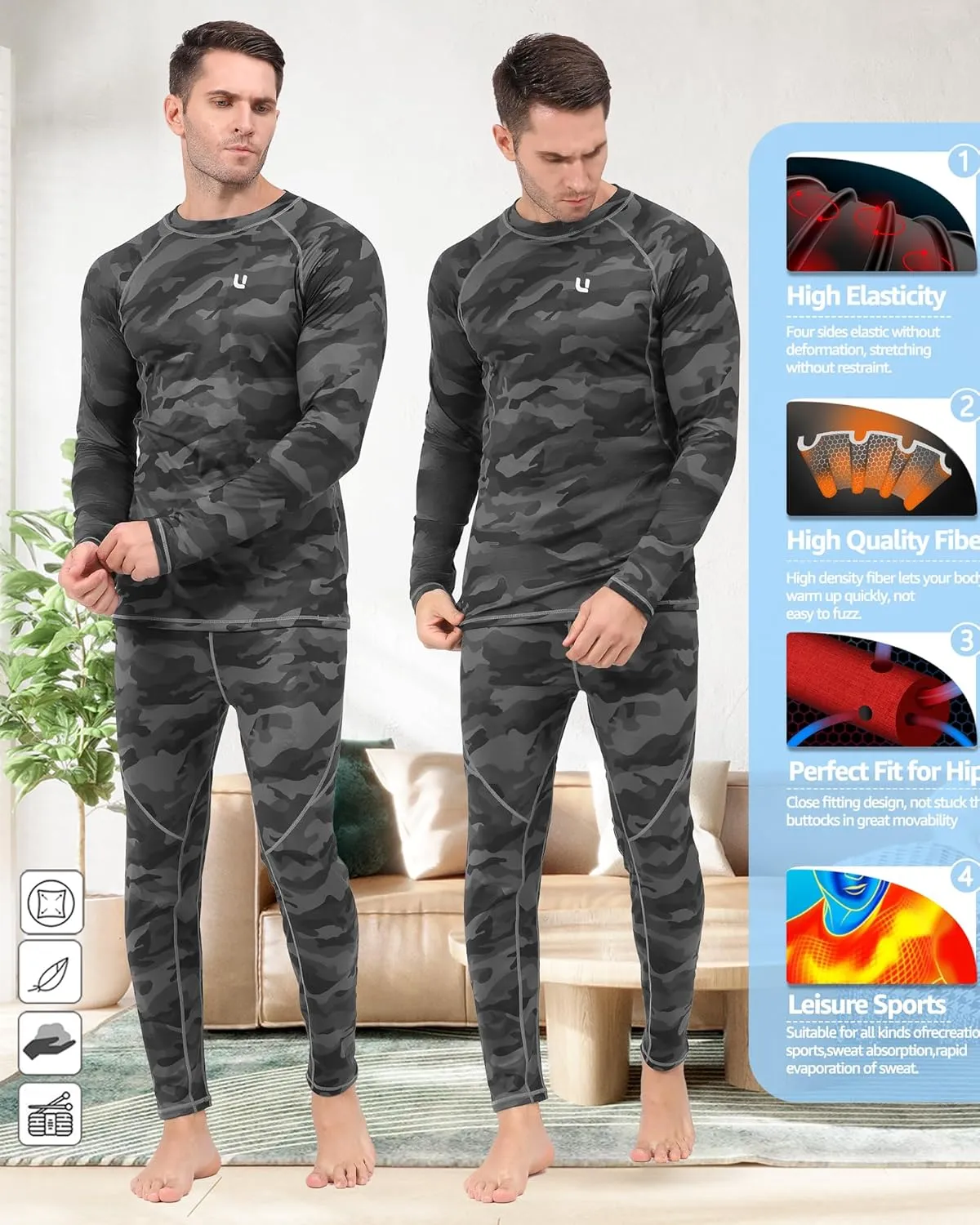UNIQUEBELLA Men's Thermal Underwear Sets Top & Long Johns Fleece Sweat Quick Drying Thermo Base Layer