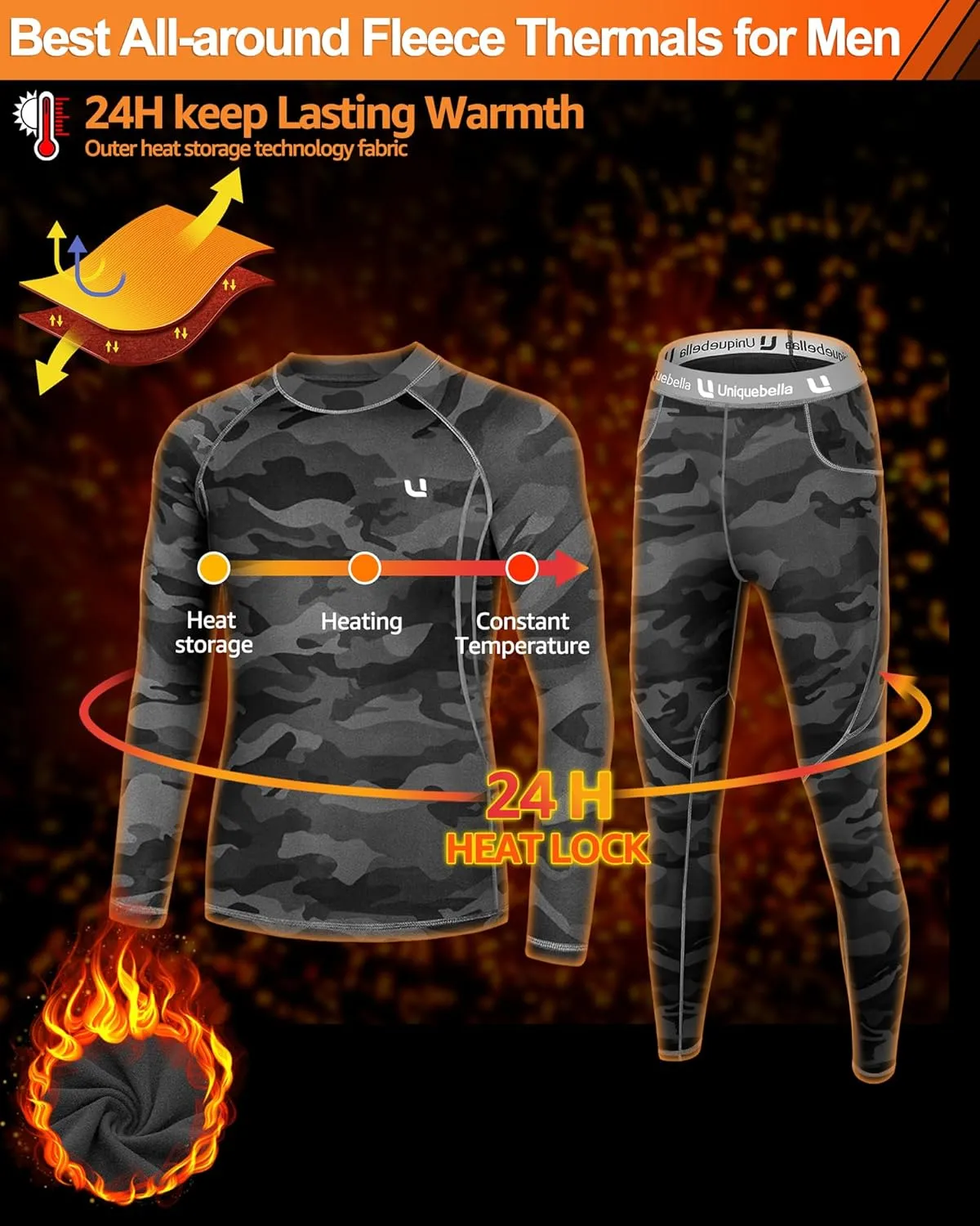 UNIQUEBELLA Men's Thermal Underwear Sets Top & Long Johns Fleece Sweat Quick Drying Thermo Base Layer