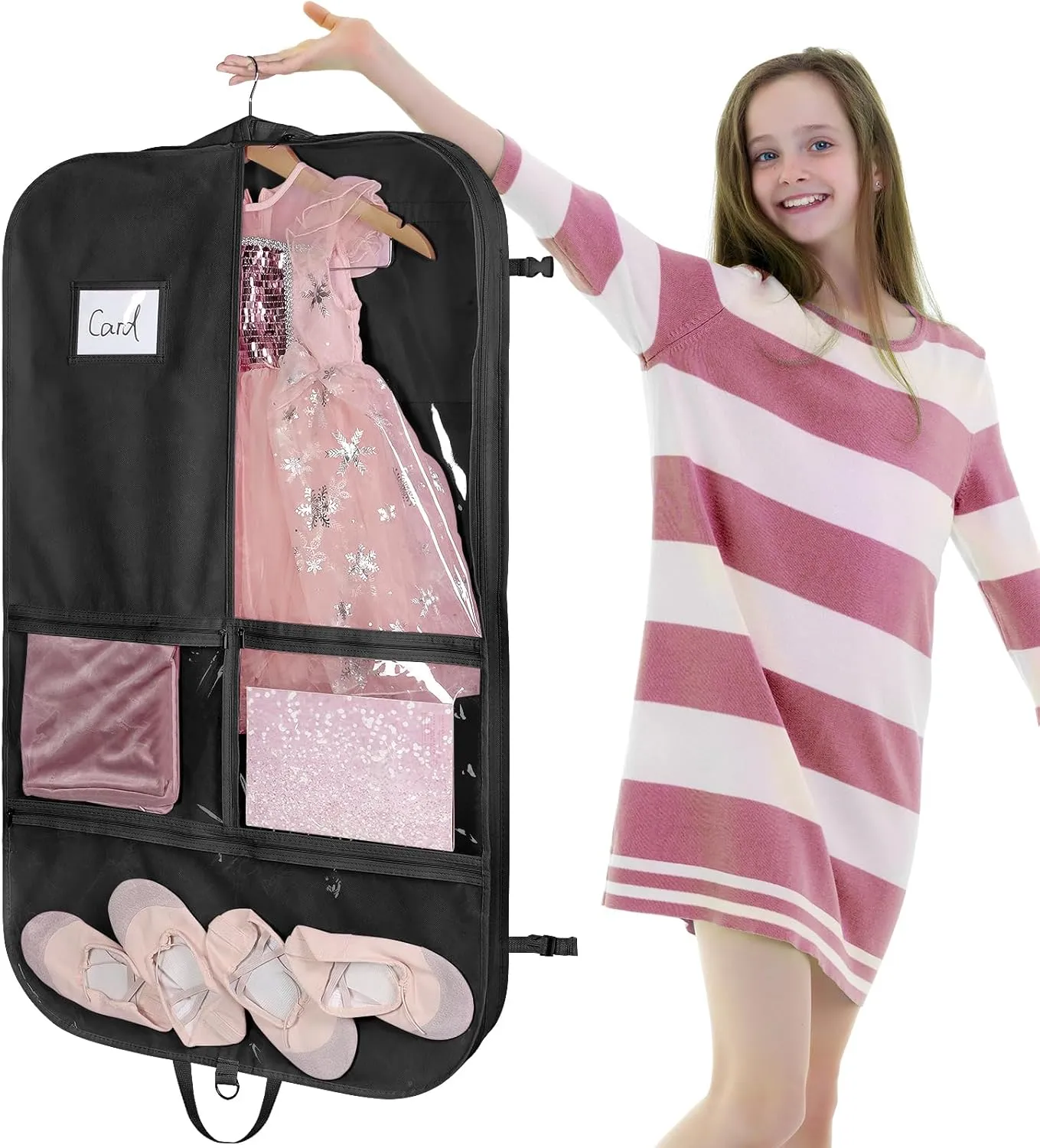 Univivi 40" Dance Costume Garment Bag for Dancers, Foldable Dance Garment Bag with 5 x Zipper Pockets & Adjustable Buckle Ideal for Dance Competition and Costumes Storage - Black