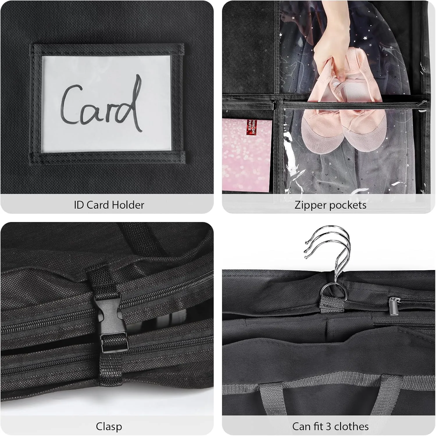 Univivi 40" Dance Costume Garment Bag for Dancers, Foldable Dance Garment Bag with 5 x Zipper Pockets & Adjustable Buckle Ideal for Dance Competition and Costumes Storage - Black