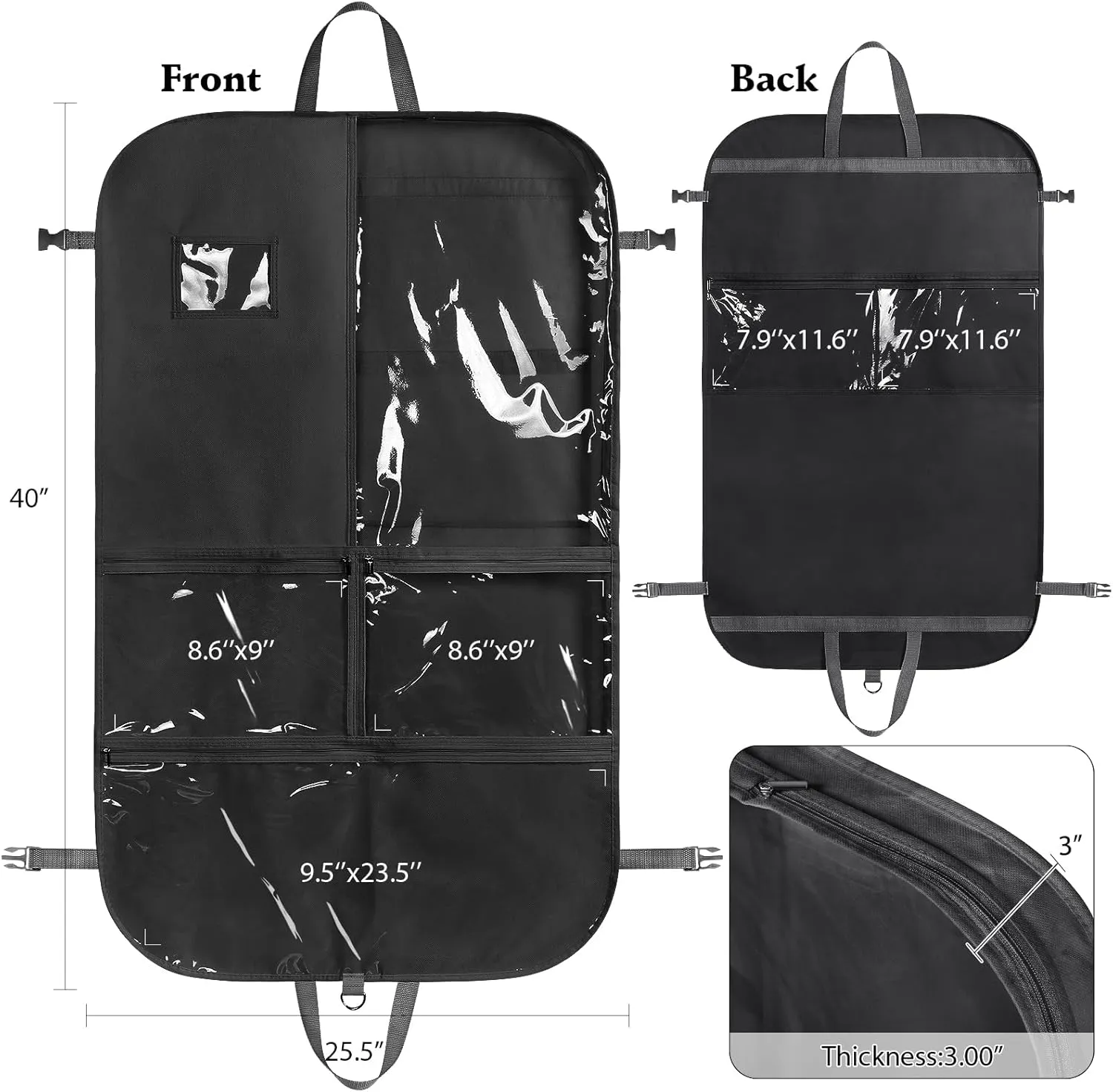 Univivi 40" Dance Costume Garment Bag for Dancers, Foldable Dance Garment Bag with 5 x Zipper Pockets & Adjustable Buckle Ideal for Dance Competition and Costumes Storage - Black