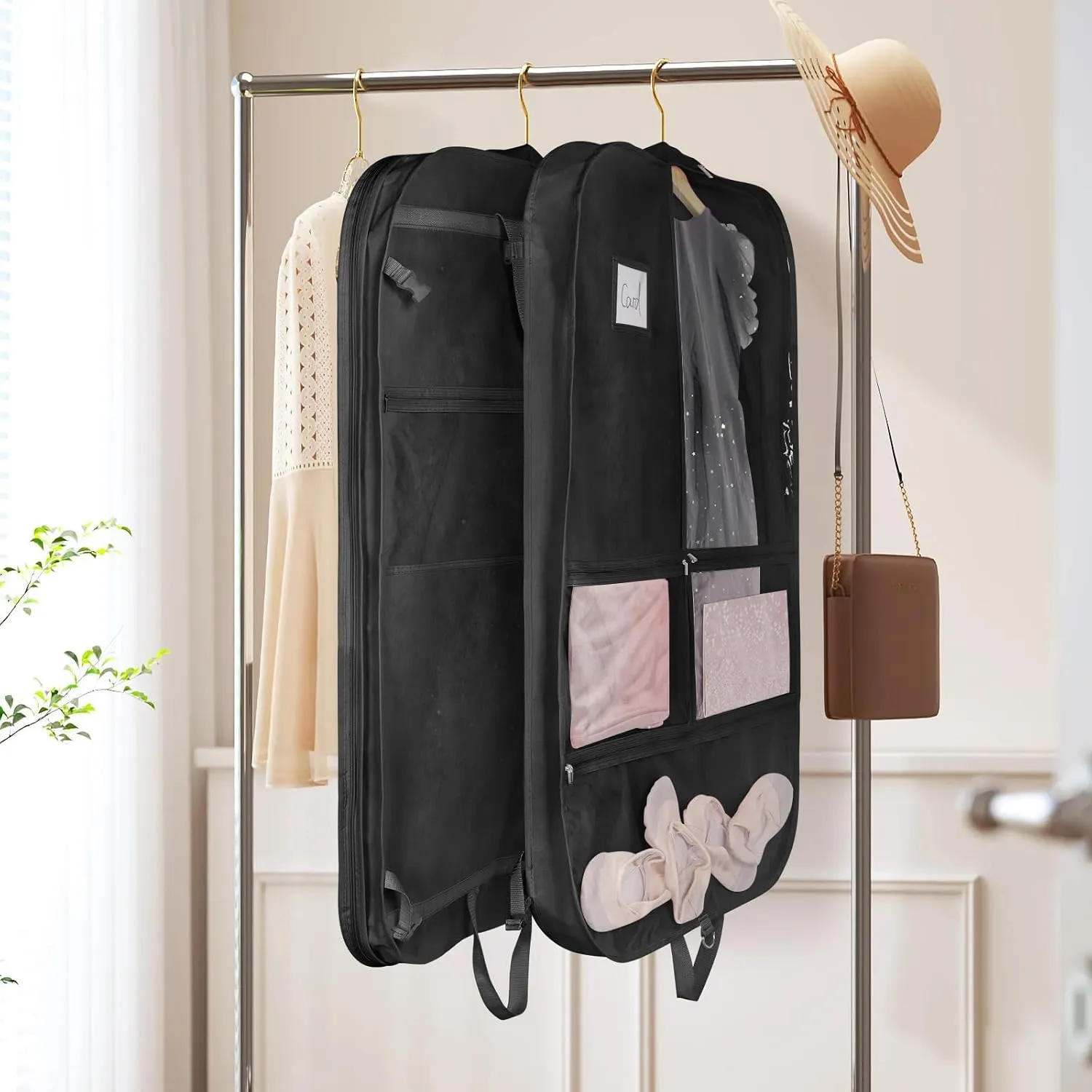 Univivi 40" Dance Costume Garment Bag for Dancers, Foldable Dance Garment Bag with 5 x Zipper Pockets & Adjustable Buckle Ideal for Dance Competition and Costumes Storage - Black