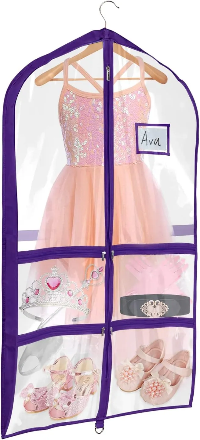 Univivi Clear PVC Dance Costume Bags Garment Bag 40 Inch for Dance Competitions, with 4 Medium Clear Zipper Pockets and 1 Large Back Zippered Pocket (1 Pack, Clear Purple)
