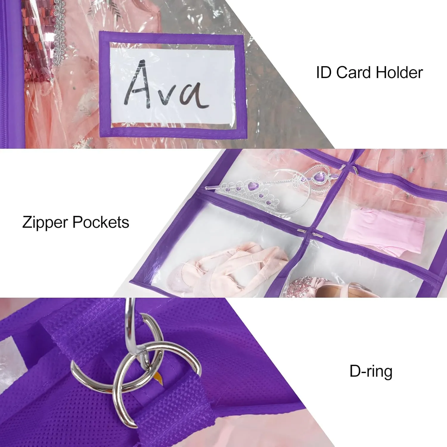 Univivi Clear PVC Dance Costume Bags Garment Bag 40 Inch for Dance Competitions, with 4 Medium Clear Zipper Pockets and 1 Large Back Zippered Pocket (1 Pack, Clear Purple)