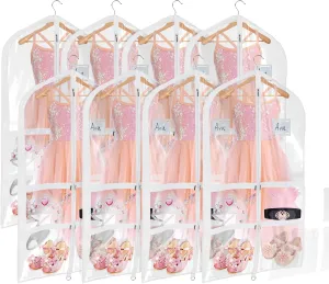 Univivi Clear PVC Dance Costume Garment Bag 40 Inch Hanging Garment Bag for Dance for Kids, with 4 Medium Clear Zipper Pockets and 1 Large Back Zippered Pocket (8 Pack)