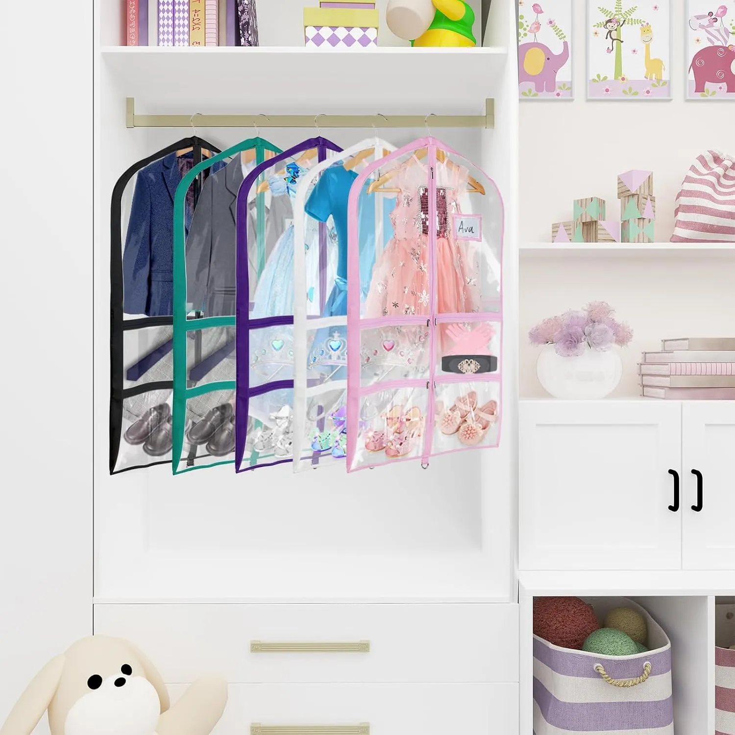 Univivi Clear PVC Dance Costume Garment Bag 40 Inch Hanging Garment Bag for Dance for Kids, with 4 Medium Clear Zipper Pockets and 1 Large Back Zippered Pocket (8 Pack)