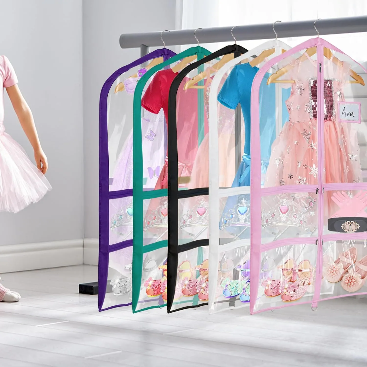 Univivi Clear PVC Dance Costume Garment Bag 40 Inch Hanging Garment Bag for Dance for Kids, with 4 Medium Clear Zipper Pockets and 1 Large Back Zippered Pocket (8 Pack)