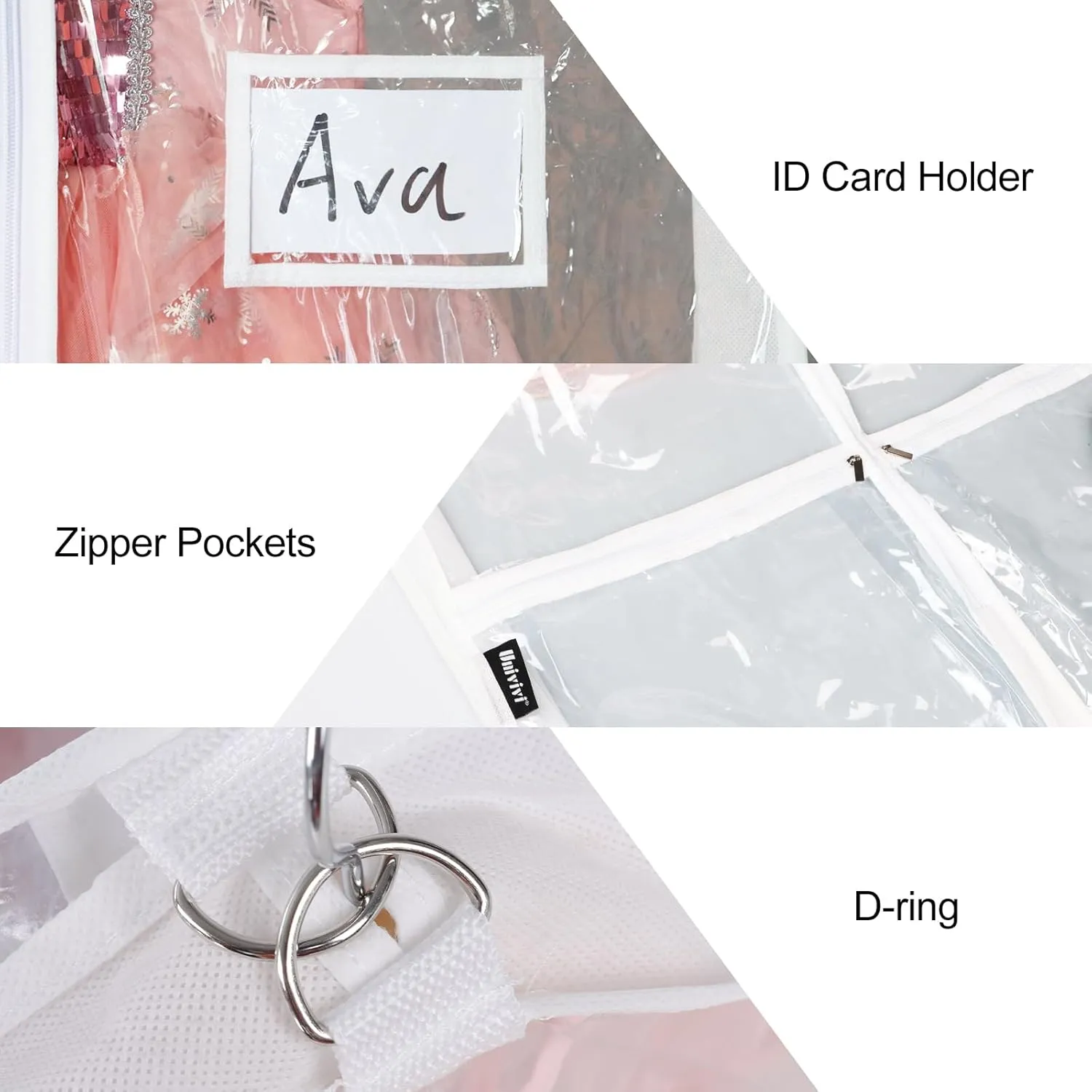 Univivi Clear PVC Dance Costume Garment Bag 40 Inch Hanging Garment Bag for Dance for Kids, with 4 Medium Clear Zipper Pockets and 1 Large Back Zippered Pocket (8 Pack)