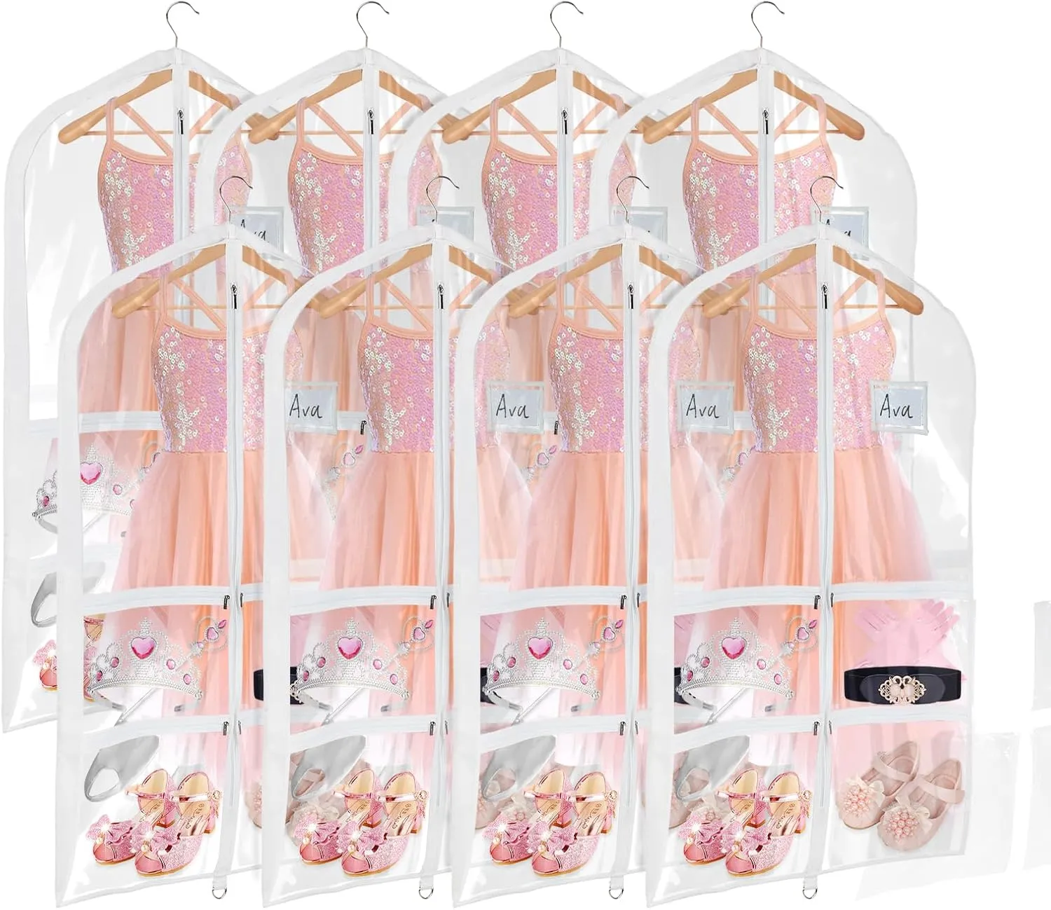 Univivi Clear PVC Dance Costume Garment Bag 40 Inch Hanging Garment Bag for Dance for Kids, with 4 Medium Clear Zipper Pockets and 1 Large Back Zippered Pocket (8 Pack)