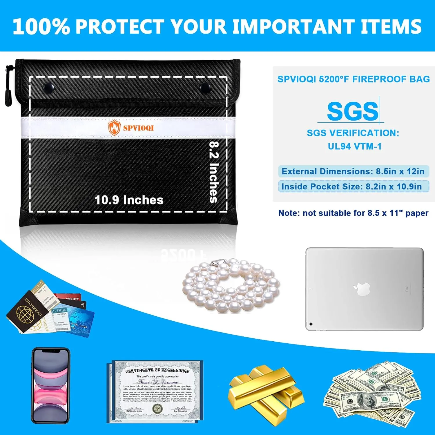 Upgraded 5200F Fireproof Document Bag - Heat Insulated With Zipper, Reflective Strip for Fast Find, Water Resistant Money Bag for Cash, A5 Important Documents and Valuables