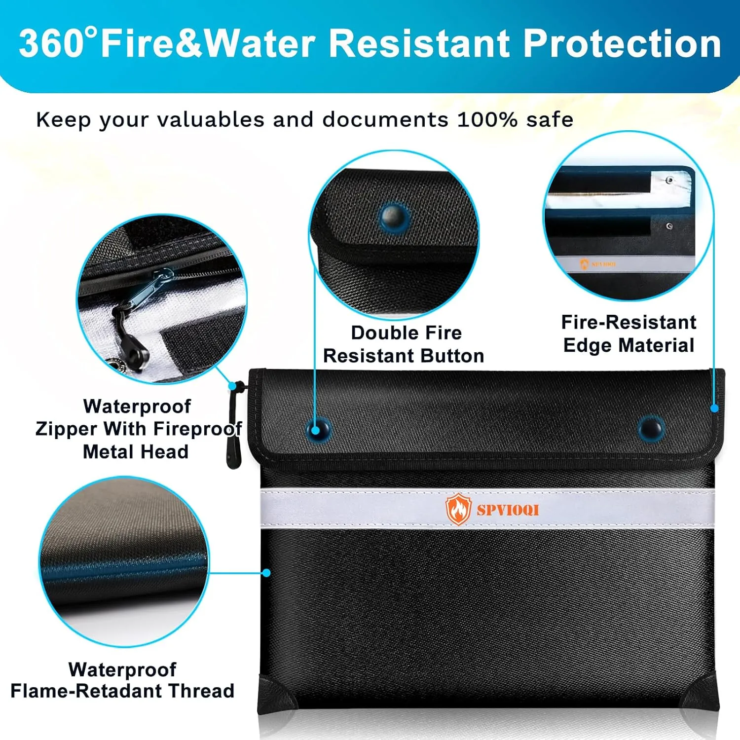 Upgraded 5200F Fireproof Document Bag - Heat Insulated With Zipper, Reflective Strip for Fast Find, Water Resistant Money Bag for Cash, A5 Important Documents and Valuables