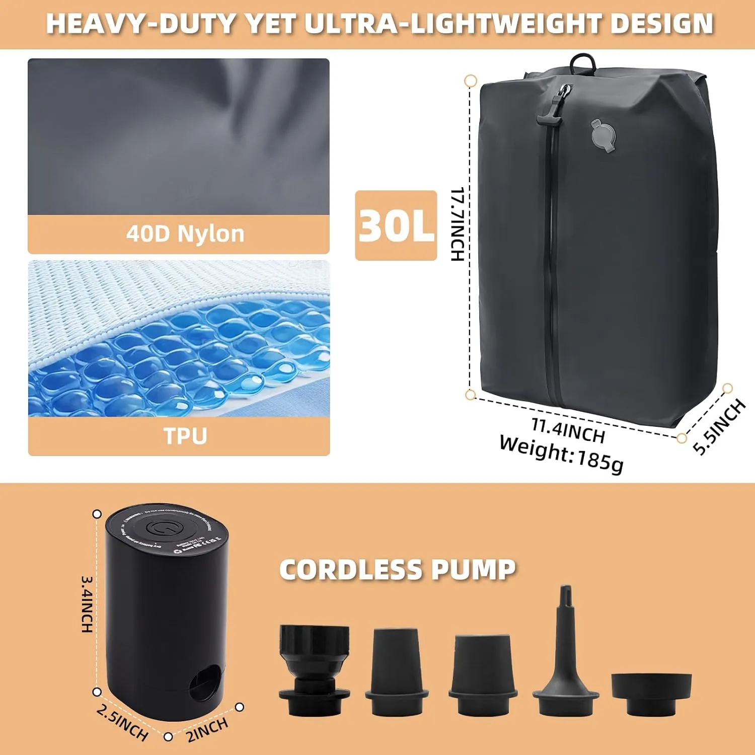 Vacuum Bags for Travel with Cordless Pump, 30L Airtight Compression TPU Bags,IP67 Reusable Storage Bag for Suitcase, Backpack, Luggage, Moving (1PC Pump)