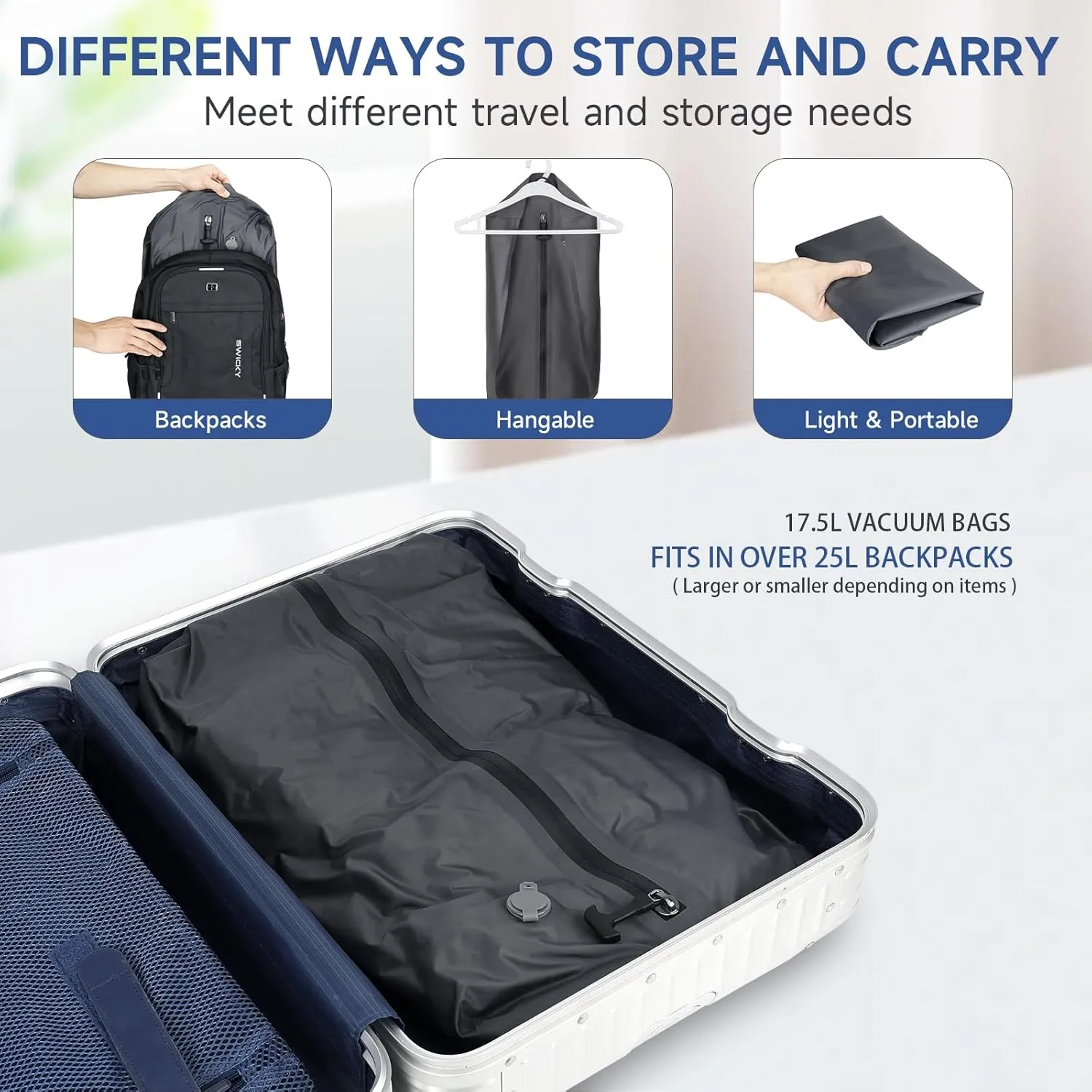 Vacuum bags for travel,17.5L Reusable travel vacuum bags for luggage,Waterproof compression bag Space Saver Bags for Suitcases Backpack Travel and business(1PC Pump)