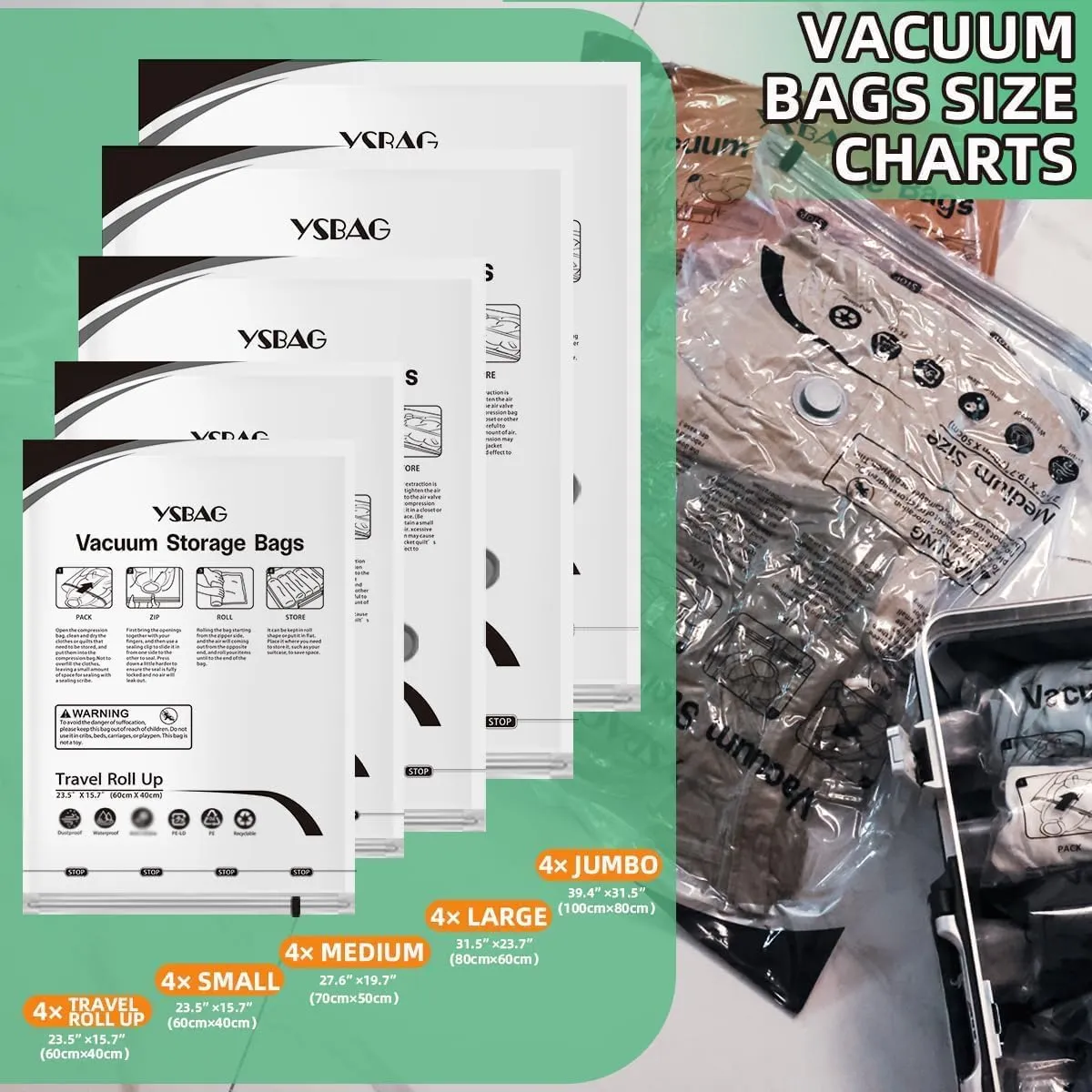 Vacuum Seal Bags for Clothing- 20 Pack 4 Sized Vacuum Storage Bags with Hand Pump, Space Saver Organisers for Travel Luggage Clothes Blankets Comforters (4Jumbo，4L4M8S)