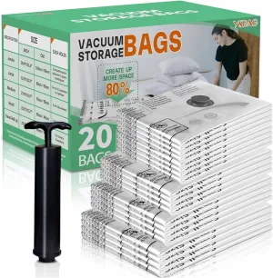 Vacuum Seal Bags for Clothing- 20 Pack 4 Sized Vacuum Storage Bags with Hand Pump, Space Saver Organisers for Travel Luggage Clothes Blankets Comforters (4Jumbo，4L4M8S)