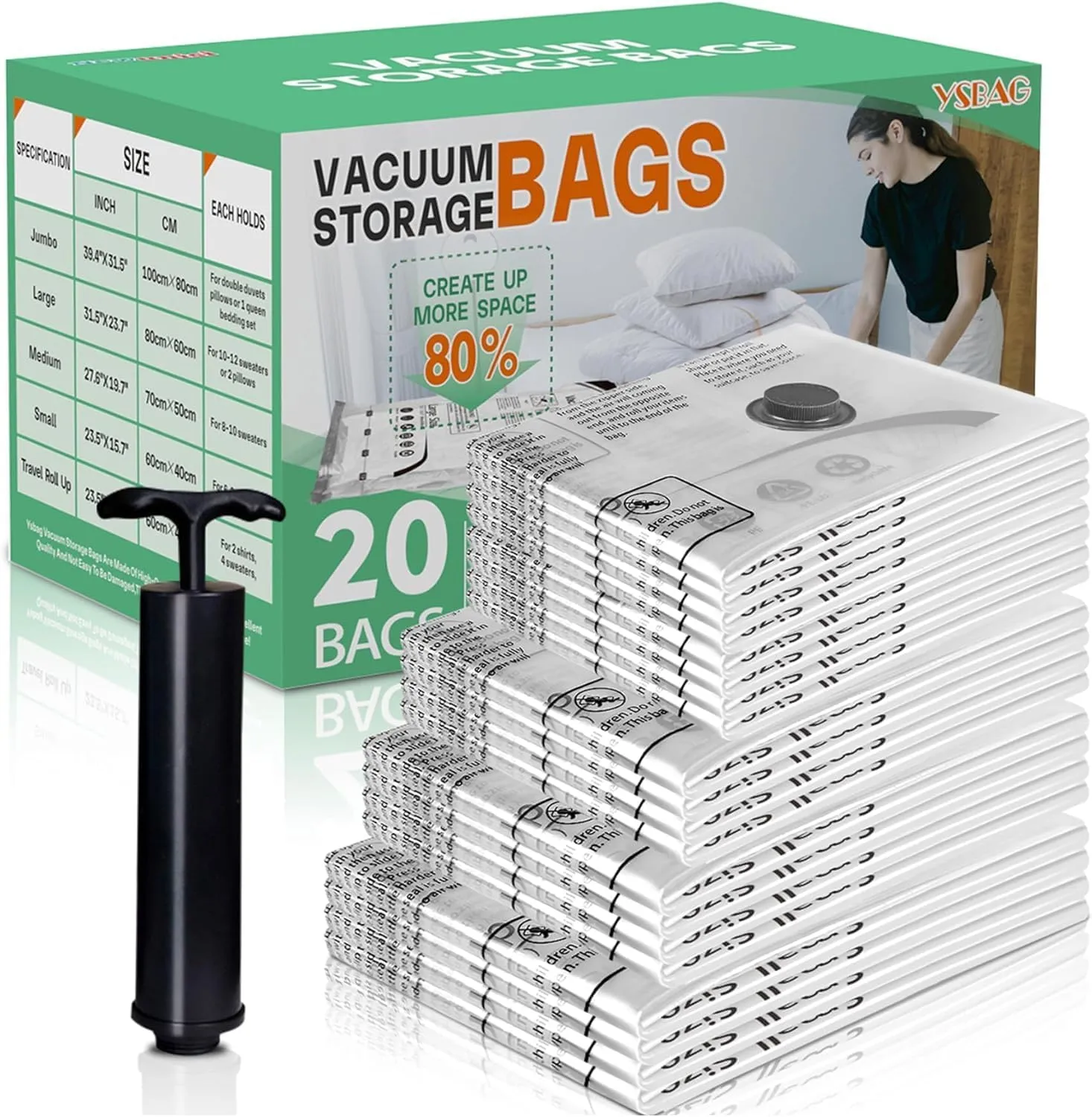 Vacuum Seal Bags for Clothing- 20 Pack 4 Sized Vacuum Storage Bags with Hand Pump, Space Saver Organisers for Travel Luggage Clothes Blankets Comforters (4Jumbo，4L4M8S)