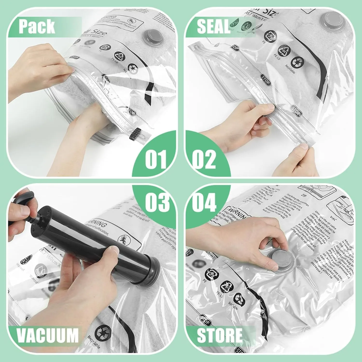 Vacuum Seal Bags for Clothing- 20 Pack 4 Sized Vacuum Storage Bags with Hand Pump, Space Saver Organisers for Travel Luggage Clothes Blankets Comforters (4Jumbo，4L4M8S)