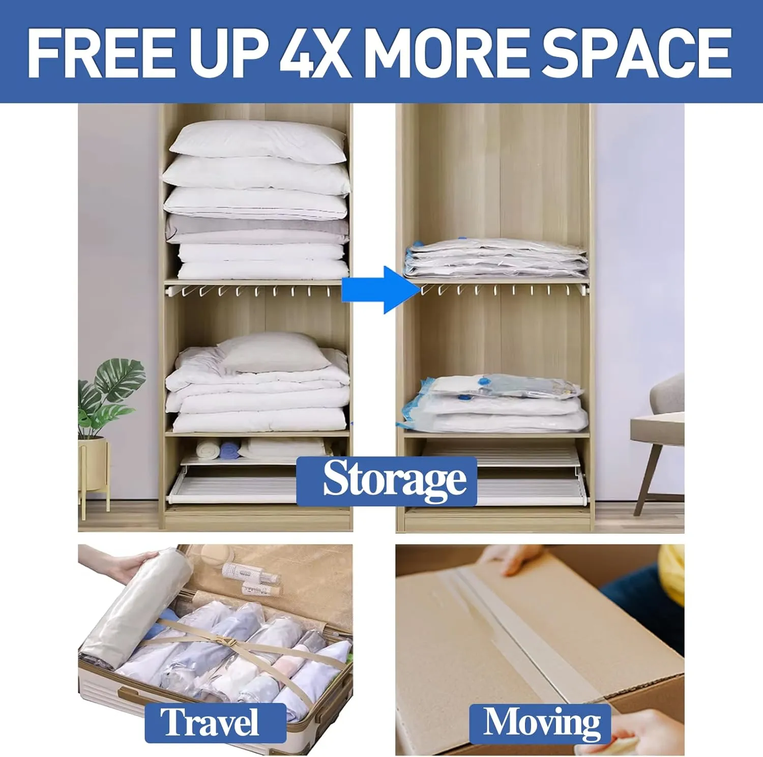 Vacuum Storage Bags, 10 Jumbo Space Saver Bags Compression for Comforters, Bedding and Blankets, Vacuum Sealed Bags Clothes Storage Travel Essentials