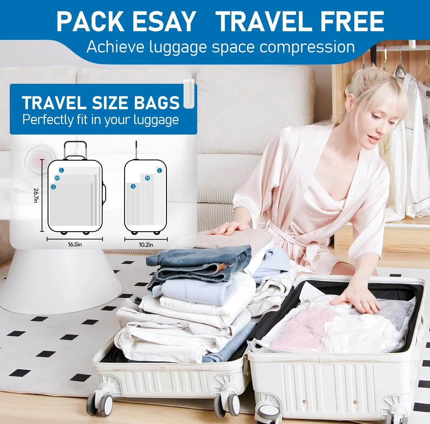Vacuum Storage Bags for Travel, 12 Pack Vacuum Seal Bags for Clothing Travel, Vacuum Sealer Bags with High Pressure Electric Pump, Portable Space Saver Bags for Luggage Traveling