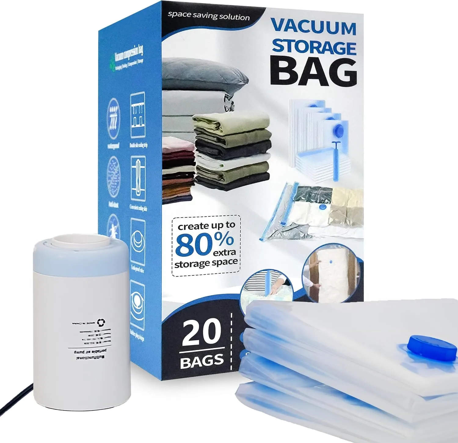 Vacuum Storage Bags with Electric Air Pump, 20 Pack (4 Jumbo, 4 Large, 4 Medium, 4 Small, 4 Roll Up Vacuum Sealer Bags) Space Saver Bag for Clothes, Blanket, Duvets, Pillows, Comforters, Travel