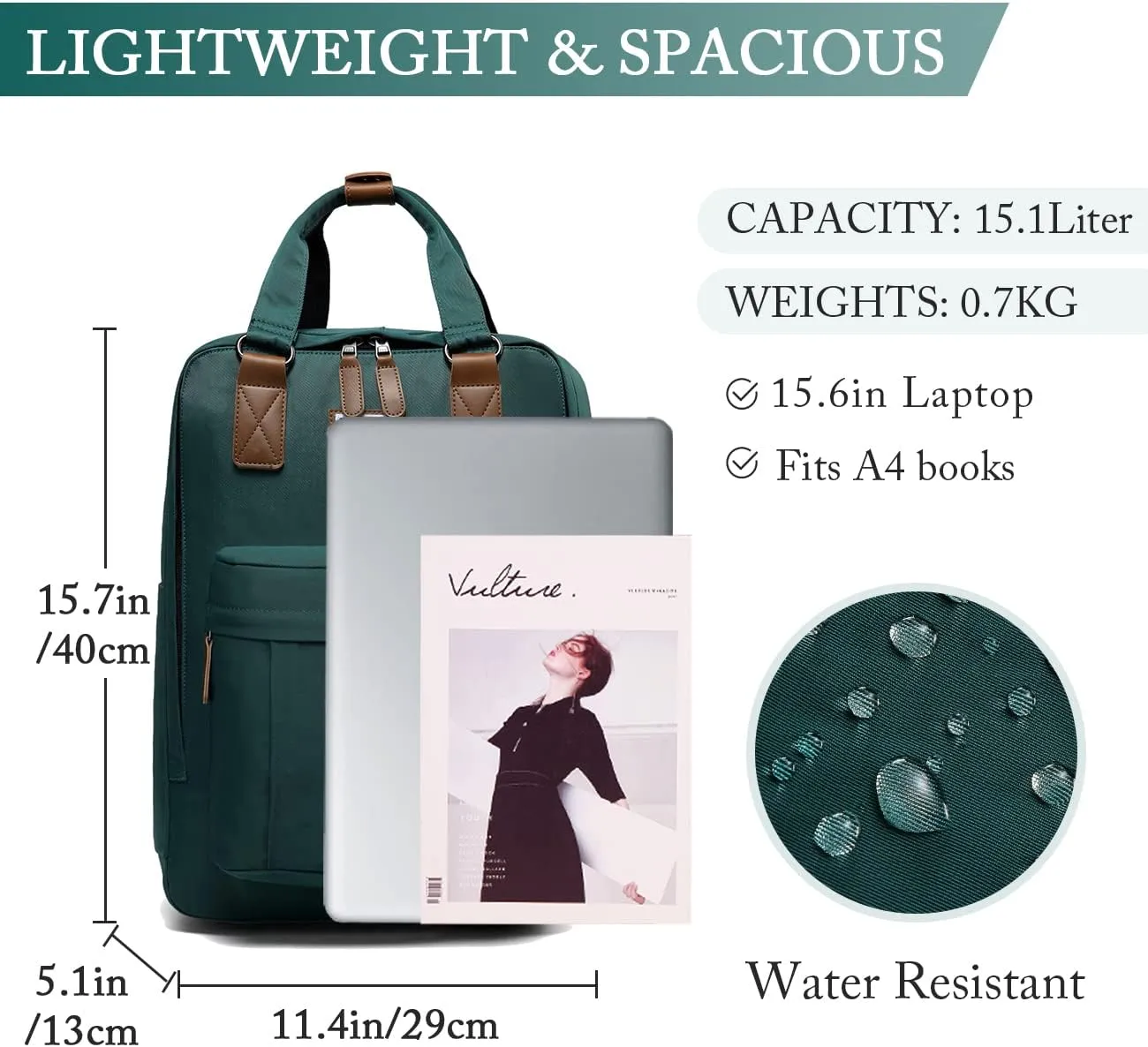 VASCHY School Backpack for Women Men, Travel Backpack Water Resistant College High School Computer Bag Student Bookbag,Green
