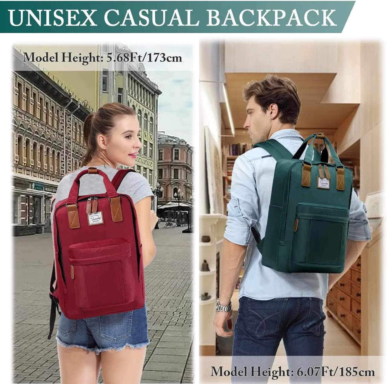 VASCHY School Backpack for Women Men, Travel Backpack Water Resistant College High School Computer Bag Student Bookbag,Green