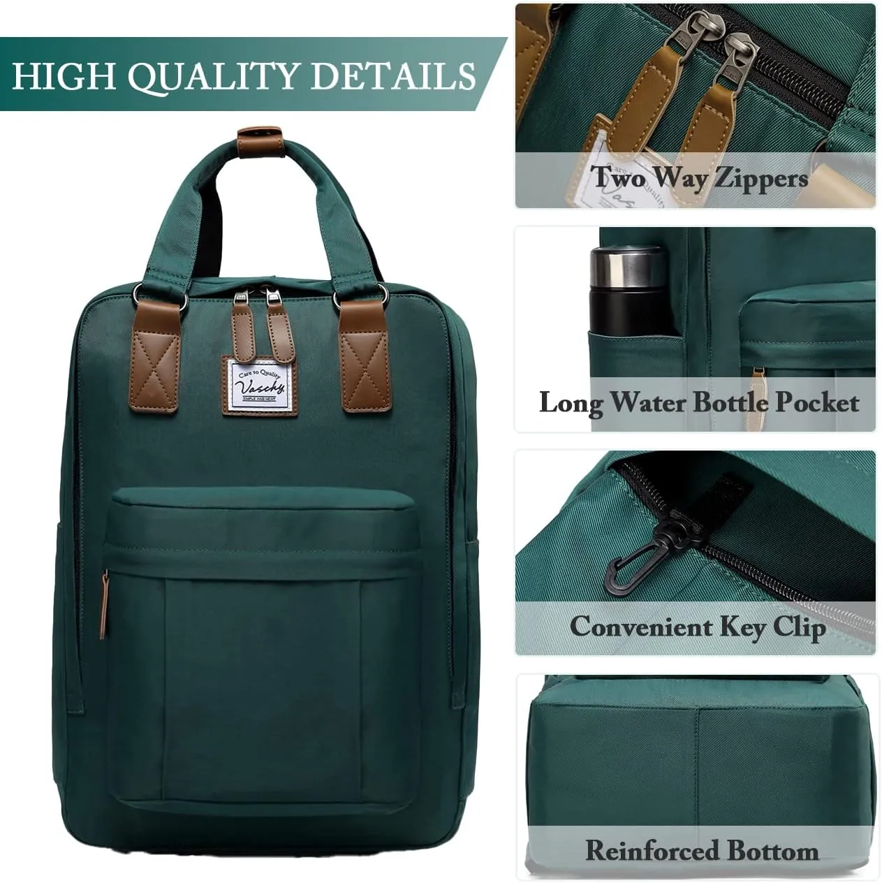 VASCHY School Backpack for Women Men, Travel Backpack Water Resistant College High School Computer Bag Student Bookbag,Green