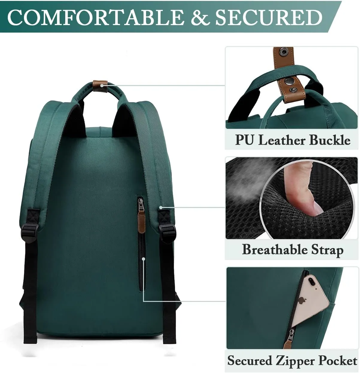 VASCHY School Backpack for Women Men, Travel Backpack Water Resistant College High School Computer Bag Student Bookbag,Green