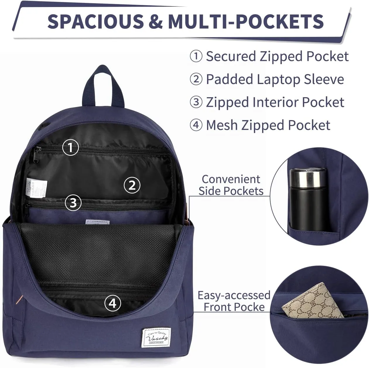 VASCHY School Backpack, Unisex Slim Lightweight Water-resistant Backpack for Men Women College Schoolbag Travel Bookbag