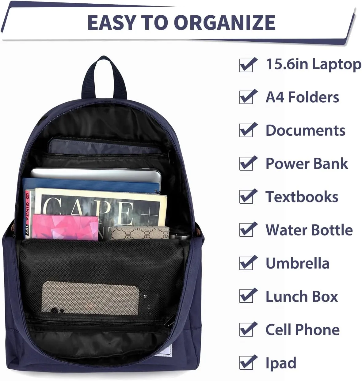 VASCHY School Backpack, Unisex Slim Lightweight Water-resistant Backpack for Men Women College Schoolbag Travel Bookbag