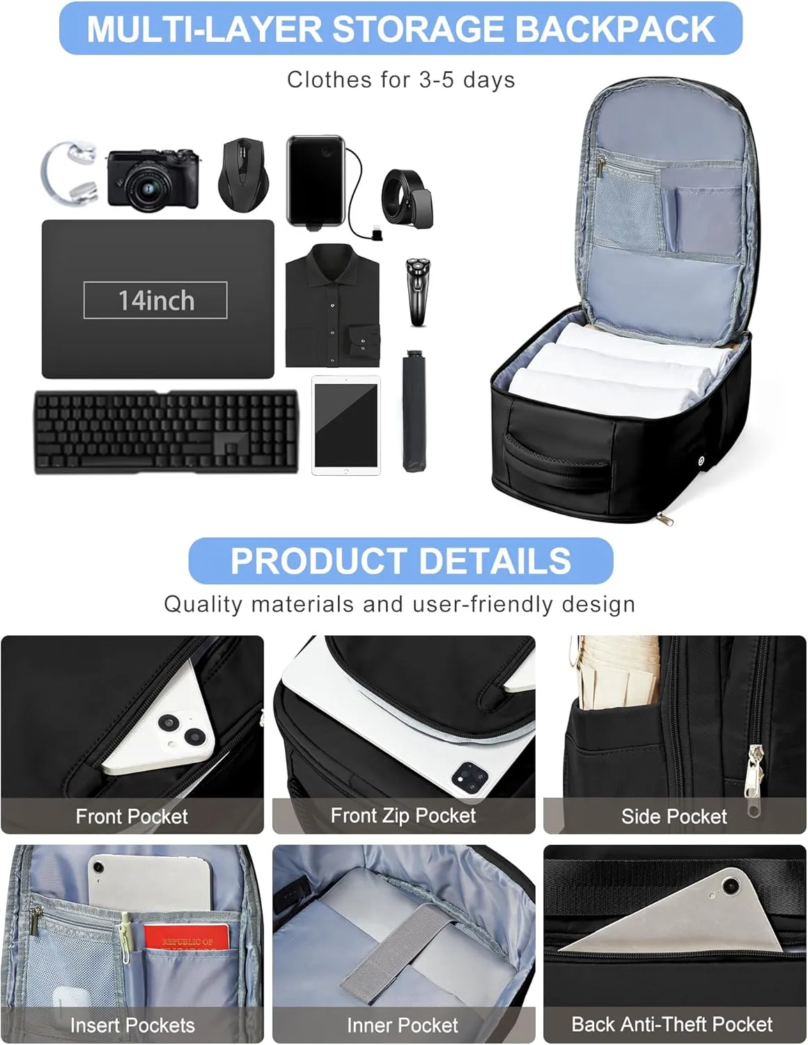 VGCUB Large Travel Backpack,Waterproof Laptop Carry on Backpack Purse for Women Men,Gym Hiking Backpack Personal Item Size Casual Daypack Work Business Backpack With USB Charging Port,Black