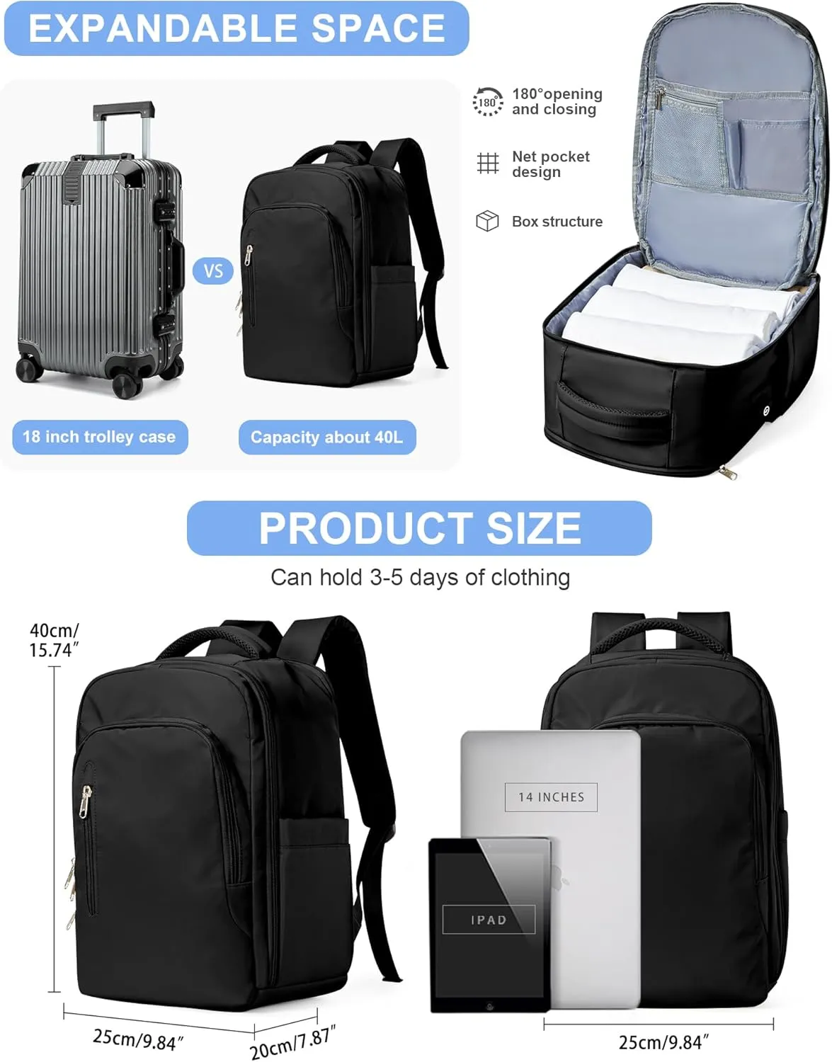 VGCUB Large Travel Backpack,Waterproof Laptop Carry on Backpack Purse for Women Men,Gym Hiking Backpack Personal Item Size Casual Daypack Work Business Backpack With USB Charging Port,Black
