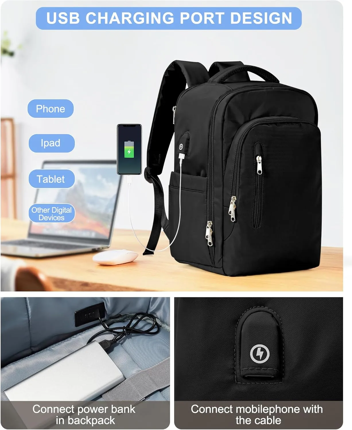 VGCUB Large Travel Backpack,Waterproof Laptop Carry on Backpack Purse for Women Men,Gym Hiking Backpack Personal Item Size Casual Daypack Work Business Backpack With USB Charging Port,Black